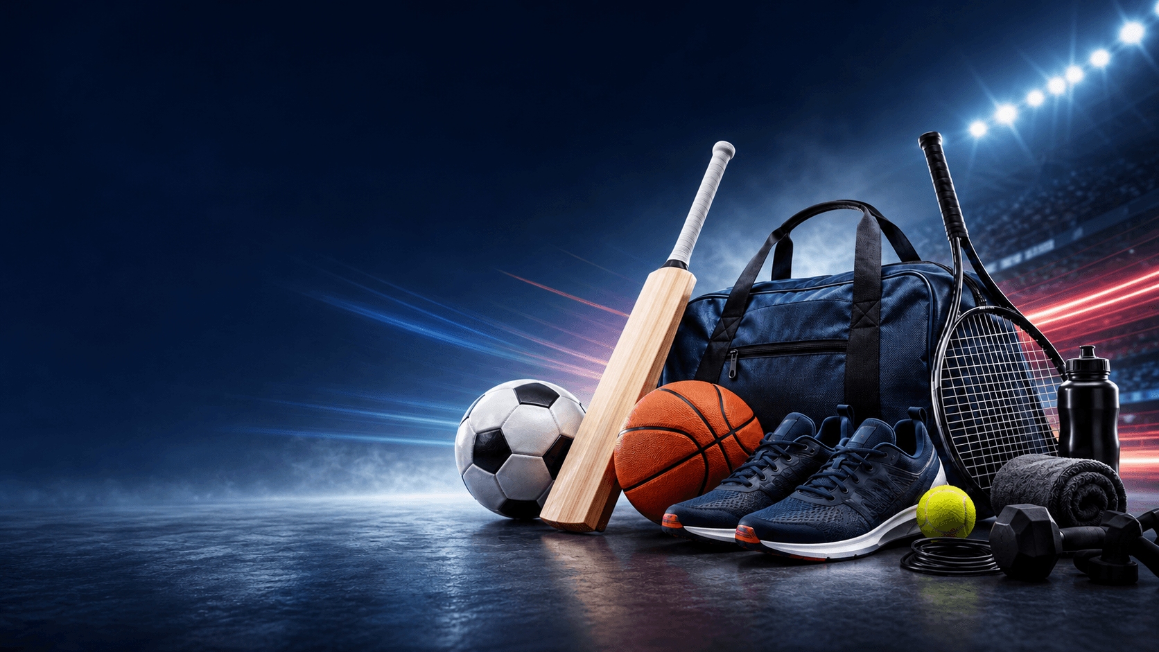 A collection of equipment for football, cricket, basketball, tennis, running, and fitness
